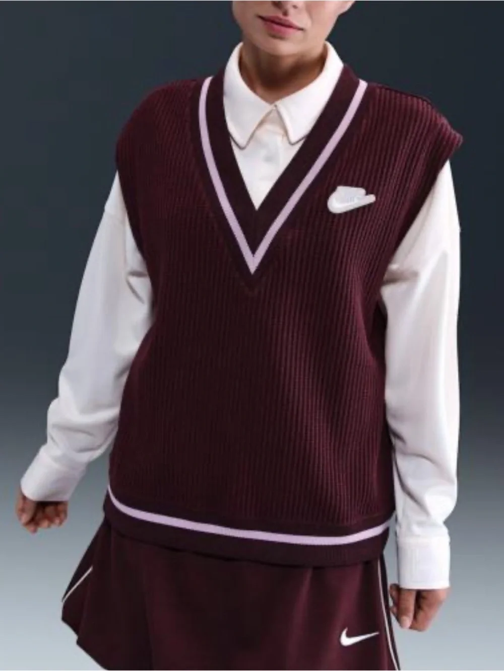 Nike Vest Women Large Burgundy‎ Sleeveless Waffle Knit Sweater M7482 Logo Preppy